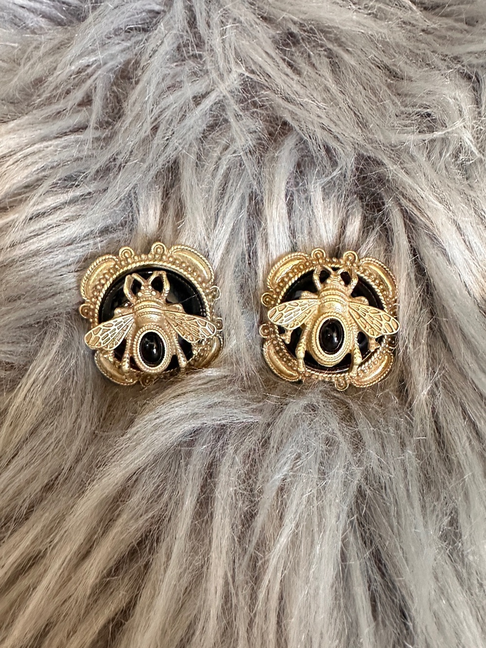 Earrings with gold Tone Bee Stud Black Cabochon Statement Earrings